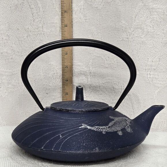 Teavana Japanese Blue Koi Fish Cast Iron Tea Pot Handmade Prosperity - Picture 9 of 10